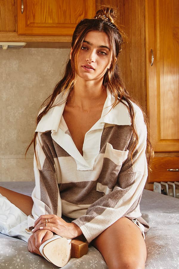BUCKETLIST - T1211 Soft Brush Striped Big Collared Pullover Sweatshirt: S-M-L (2-2-2) / DENIM/CREAM