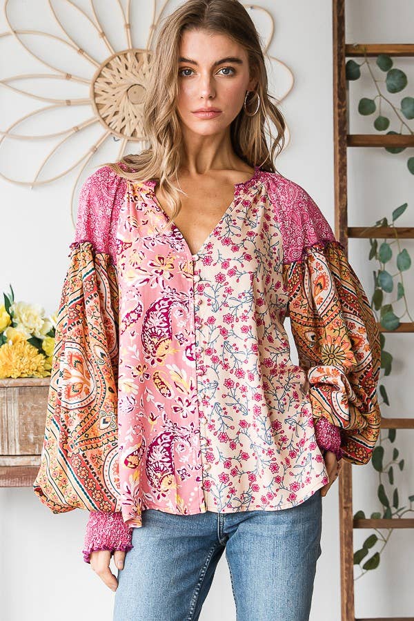 Oli&Hali - BUTTON FRONT PRINT MIXED BLOUSE - JT0191: PINK / XL