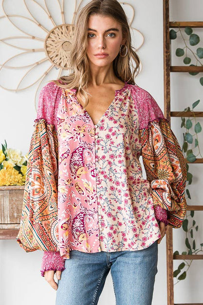 Oli&Hali - BUTTON FRONT PRINT MIXED BLOUSE - JT0191: PINK / M