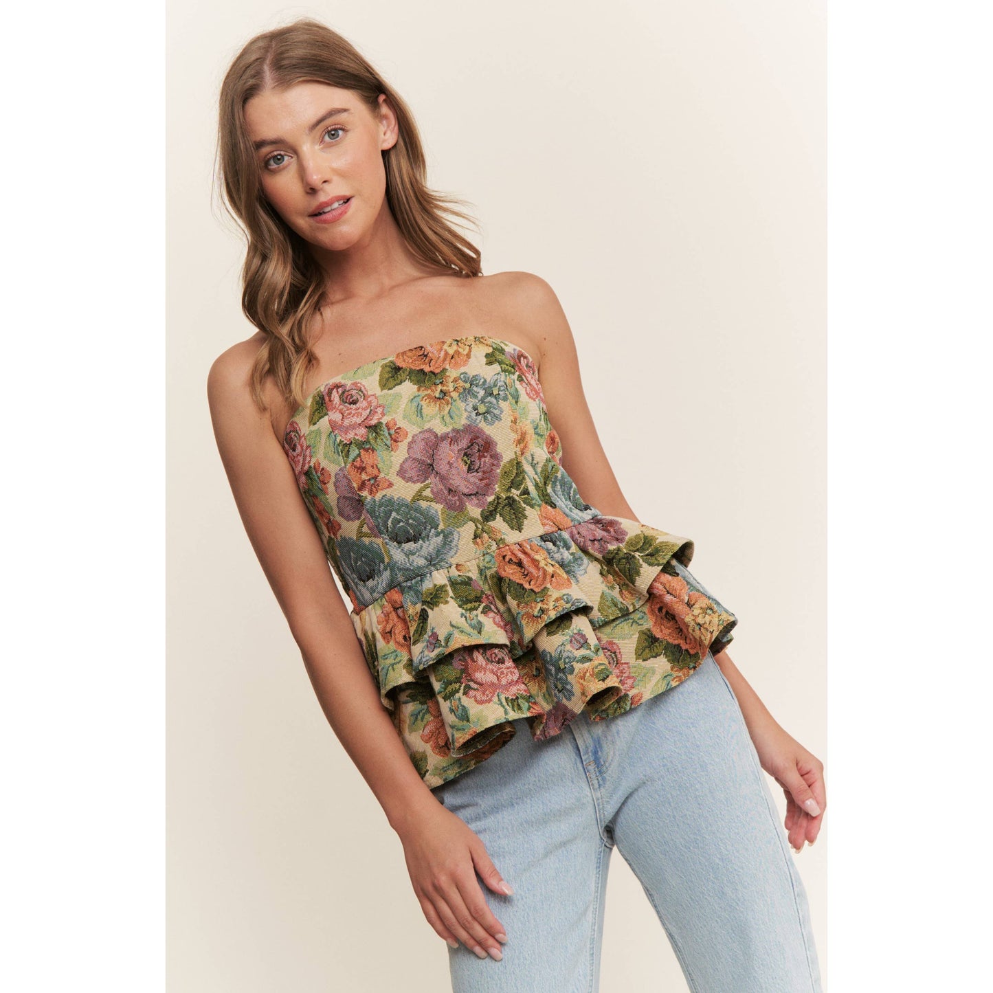 Sweet Generis - VINTAGE FLORAL PRINT WOVEN PEPLUM TIERED TUBE TOP