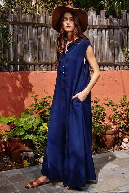 BUCKETLIST - R5120-1M -Button Up Wide Leg Solid Woven Waffle Jumpsuit: S-M-L (2-2-2) / BABY PINK