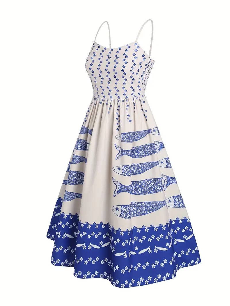 Rosa Clothing - Smocked mackerel print sundress seaside ocean strap dress