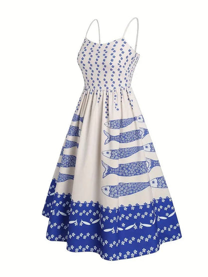 Rosa Clothing - Smocked mackerel print sundress seaside ocean strap dress