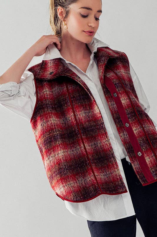 VINTAGE PLAID OVERSIZED WOOL VEST: RUST/TAUPE / S-2/M-2/L-2
