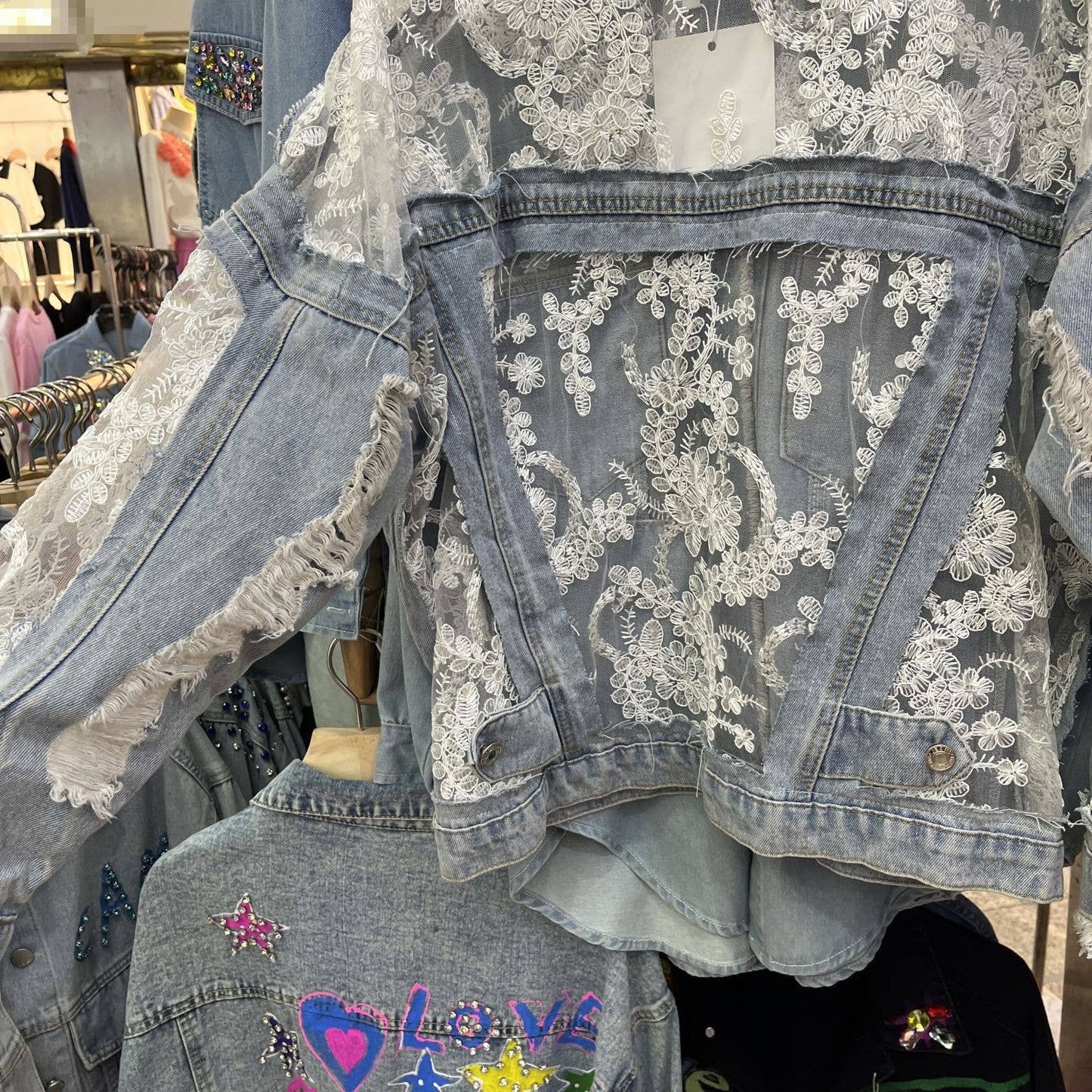 Rosa Clothing - Sheer Floral Lightweight Embroidered Lace Denim Jacket