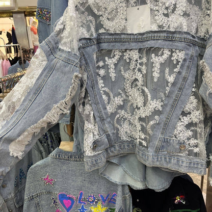 Rosa Clothing - Sheer Floral Lightweight Embroidered Lace Denim Jacket