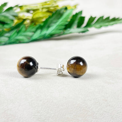 Ewelina Pas Jewelry - Silver 8mm Tiger Eye Orb Stud Earrings