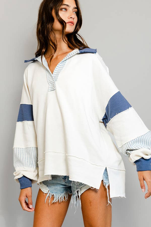 BUCKETLIST - T2004 -French Terry Knit Color-block Collared Loose Fit Top: S-M-L (2-2-2) / SAGE/CREAM