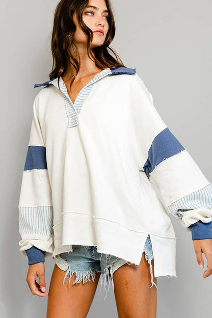 BUCKETLIST - T2004 -French Terry Knit Color-block Collared Loose Fit Top: S-M-L (2-2-2) / SAGE/CREAM