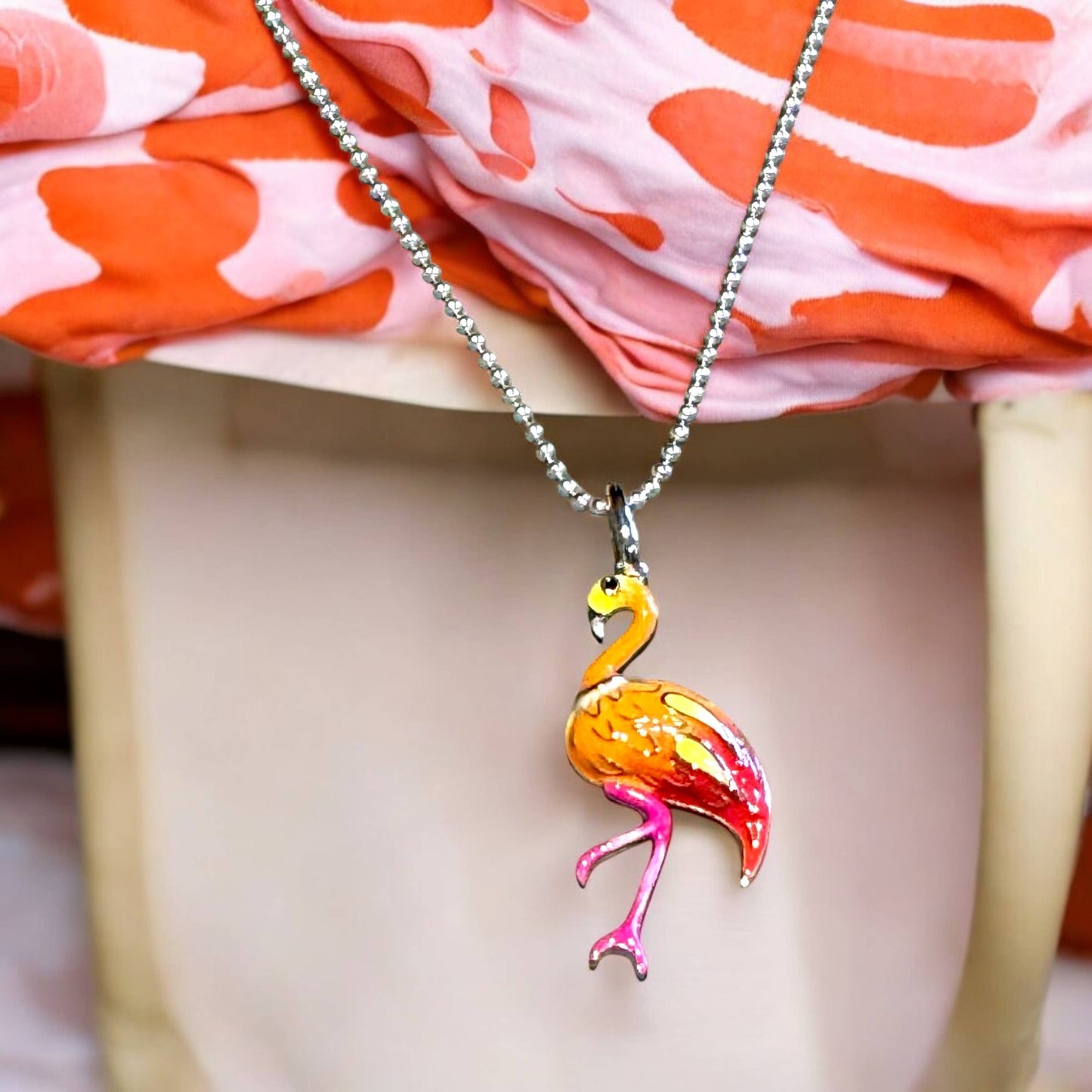 Jackie Gallagher Designs - Handmade Coastal Jewelry - Flamingo "Happy" Handpainted necklace, 18", .925