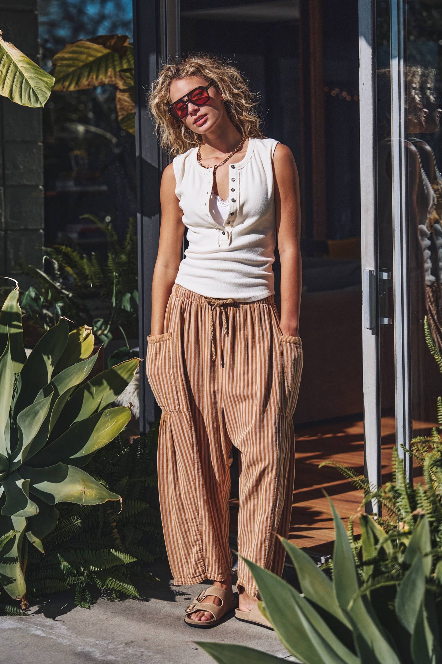 Urban Daizy - Striped Cotton Drawstring Harem Pants