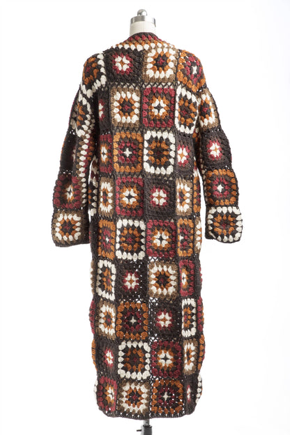 SAACHI - Woolen Granny Square Crochet Kimono: Brown