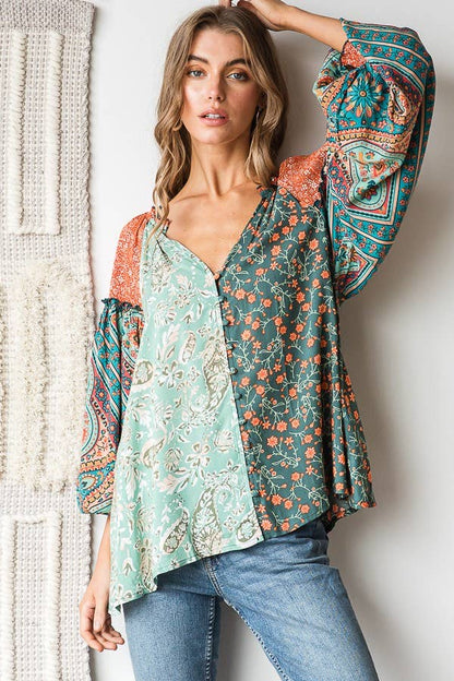 Oli&Hali - BUTTON FRONT PRINT MIXED BLOUSE - JT0191: PINK / S