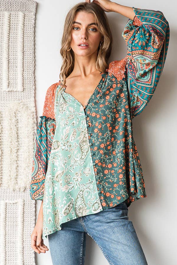 Oli&Hali - BUTTON FRONT PRINT MIXED BLOUSE - JT0191: PINK / M