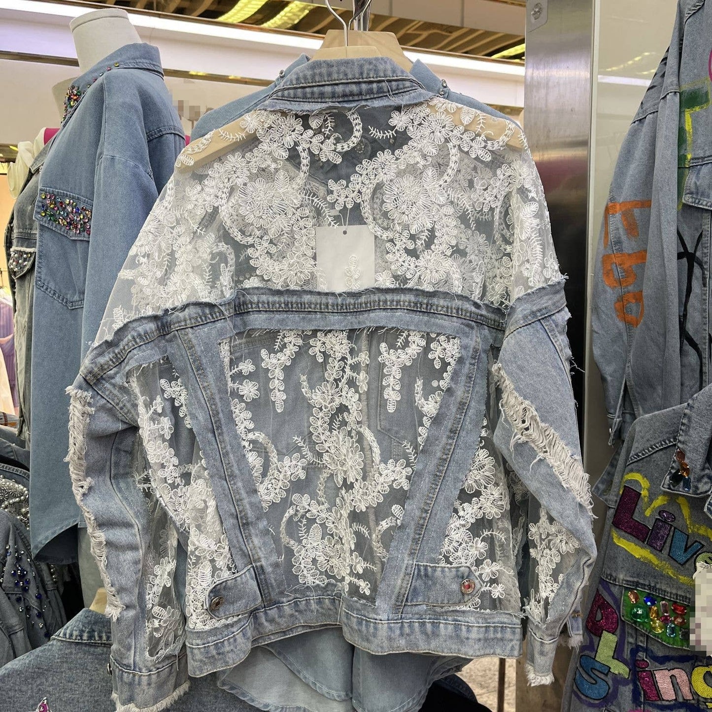 Rosa Clothing - Sheer Floral Lightweight Embroidered Lace Denim Jacket