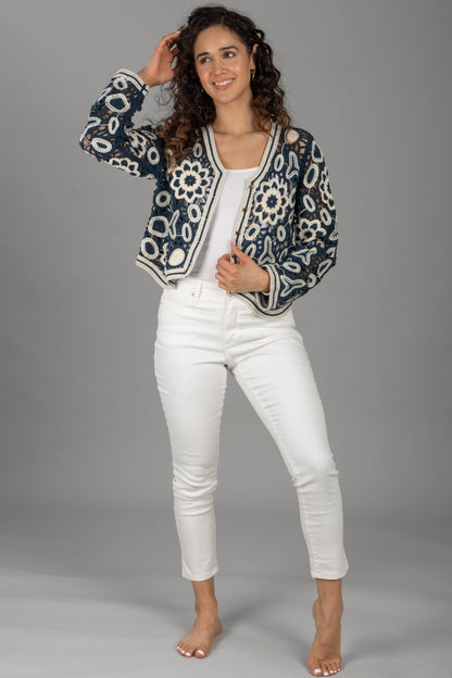 SAACHI - Floral Lace Crochet Short Jacket: BLACK