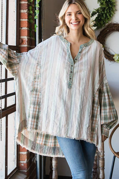Oli&Hali - MINERAL WASHED FABRIC MIXED HENREY TOP - JT0013: BLUE COMBO / OS