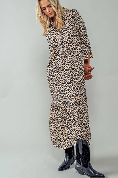 Urban Daizy - LEOPARD PRINT RUFFLE HEM BUTTON MAXI DRESS: LEOPARD / S-2/M-2/L-2