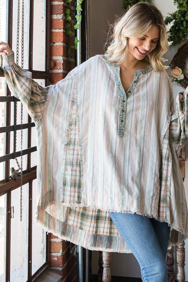 Oli&Hali - MINERAL WASHED FABRIC MIXED HENREY TOP - JT0013: BLUE COMBO / OS