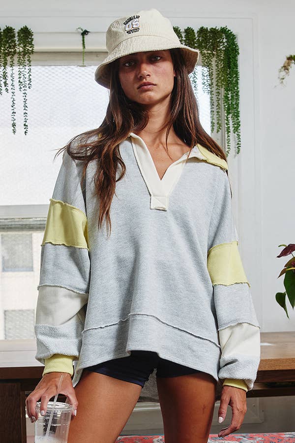 BUCKETLIST - T2004E French Terry Color-block Collared Loose Fit Top: YELLOW/BABYBLUE / S-M-L (2-2-2)