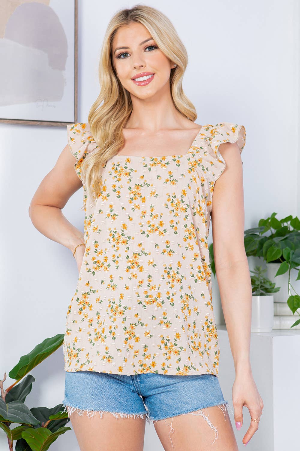 Orange Farm Clothing - Swiss Dot, Flower Print Ruffle Sleeve Top: LARGE / Pink Combo