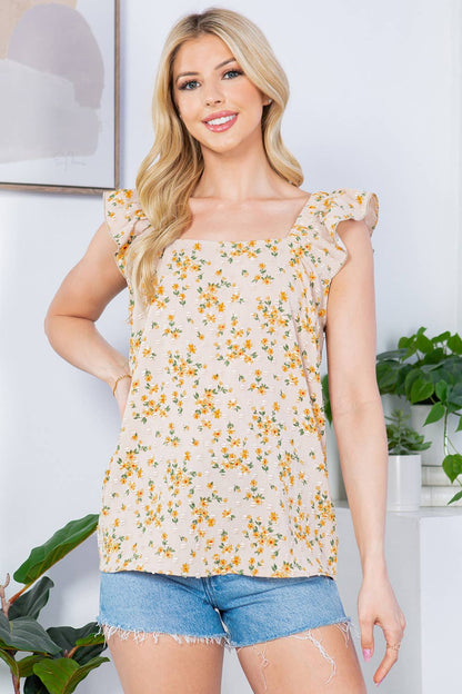 Orange Farm Clothing - Swiss Dot, Flower Print Ruffle Sleeve Top: SMALL / Pink Combo
