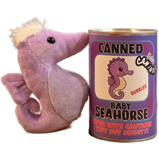 Canned Gifts - Canned Baby Seahorse | Stuffed Mini Seahorse Plush w/Jokes