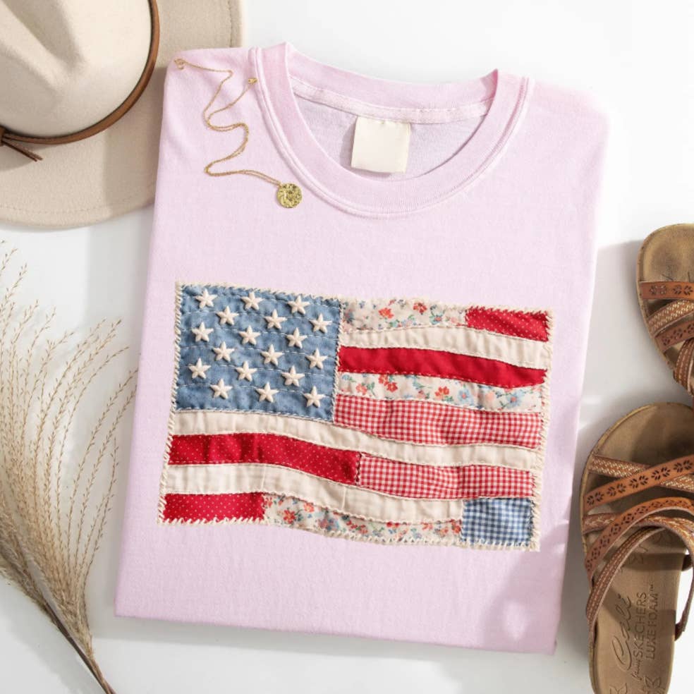 Rosa Clothing - American Flag Faux Texture Patchwork Print T-Shirt