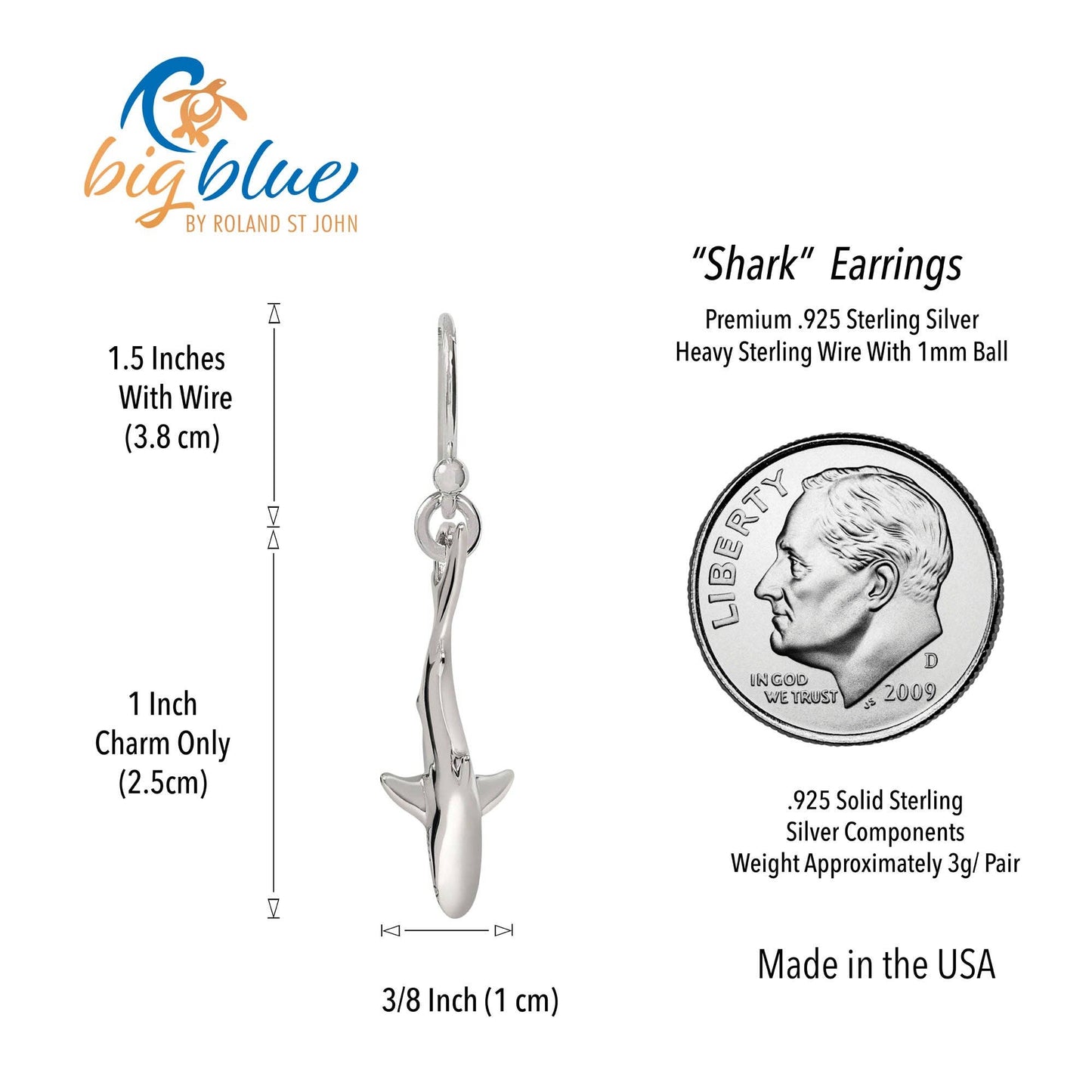 Big Blue by Roland St John - Shark Earrings for Women Sterling Silver- Shark Drop Earring