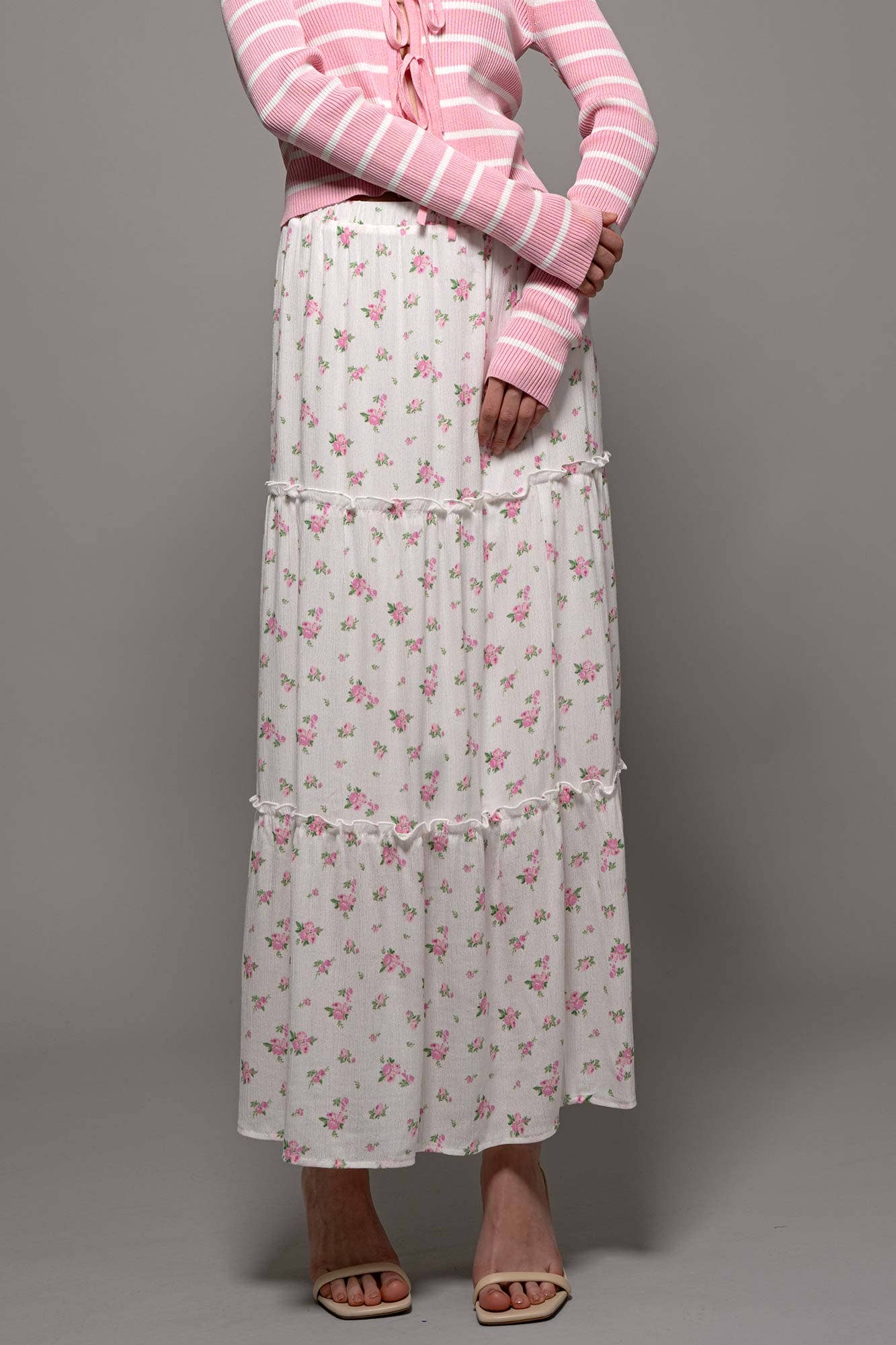 Urban Daizy - Rose Print Triple-Tier Ruffle Linen Blend Skirt: PINK / S-2/M-2/L-2