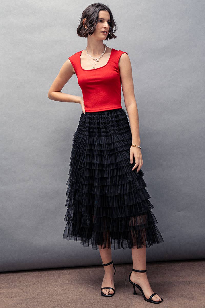 Urban Daizy - Tiered Tulle Midi Skirt with Romantic Ruffles