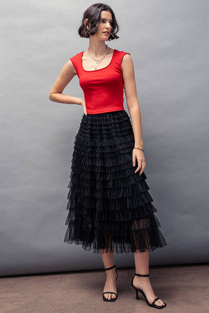 Urban Daizy - Tiered Tulle Midi Skirt with Romantic Ruffles