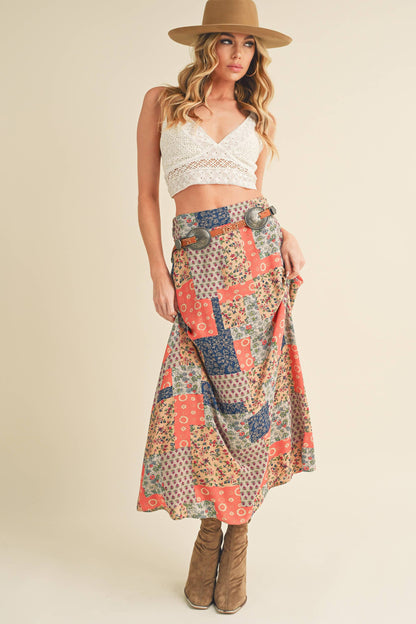 AEMI + CO - 773DN Bradyn Patchwork Print Skirt: M / Contemporary / Mint/Pink