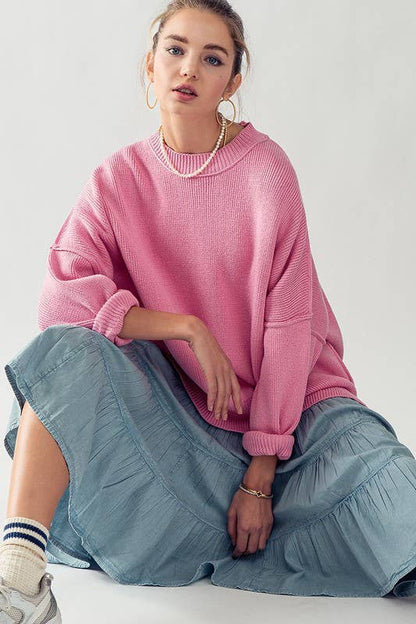 OVERSIZED SIDE SLIT CREW NECK COZY SWEATER: PISTACHIO / S-2/M-2/L-2