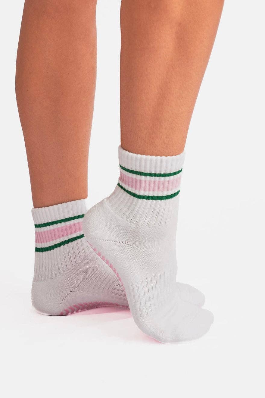 Grounded Grip Socks - White Crew Striped Grip Socks for Pilates, Barre, Lagree