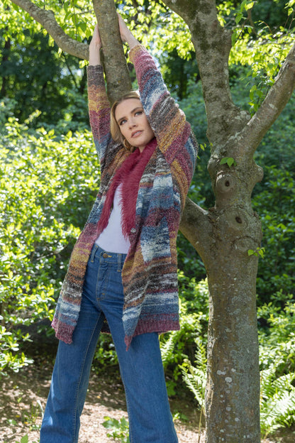 SAACHI - Fur Collared Abstract Striped Cardigan
