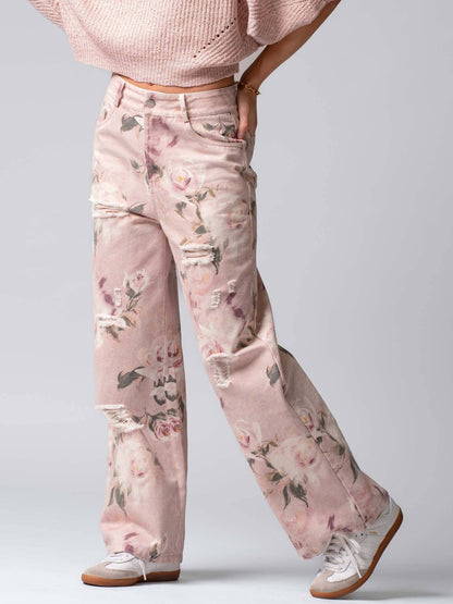 Urban Daizy - Romantic Rose Print High-Rise Denim Pants
