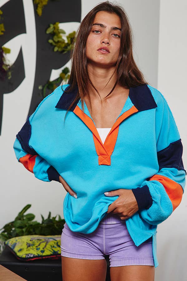 BUCKETLIST - T2004E French Terry Color-block Collared Loose Fit Top: YELLOW/BABYBLUE / S-M-L (2-2-2)