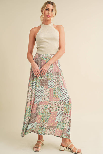 AEMI + CO - 773DN Bradyn Patchwork Print Skirt: M / Contemporary / Mint/Pink