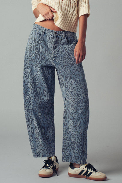 Urban Daizy - Leopard Print Relaxed Straight Denim Pants