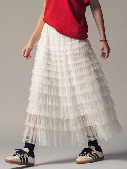 Urban Daizy - Tiered Tulle Midi Skirt with Romantic Ruffles