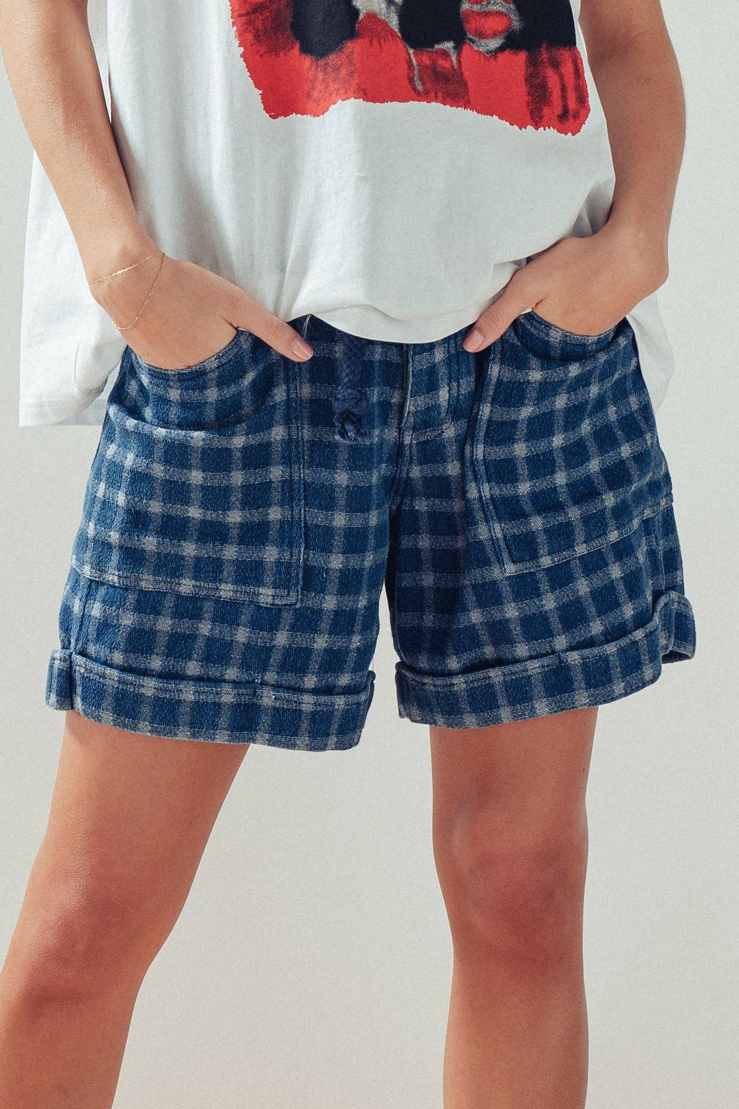 Urban Daizy - Plaid Cotton Blend Shorts Rope Drawstring