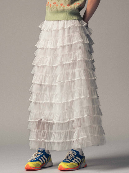 Urban Daizy - Clear Tulle Layered Ruffle Maxi Skirt