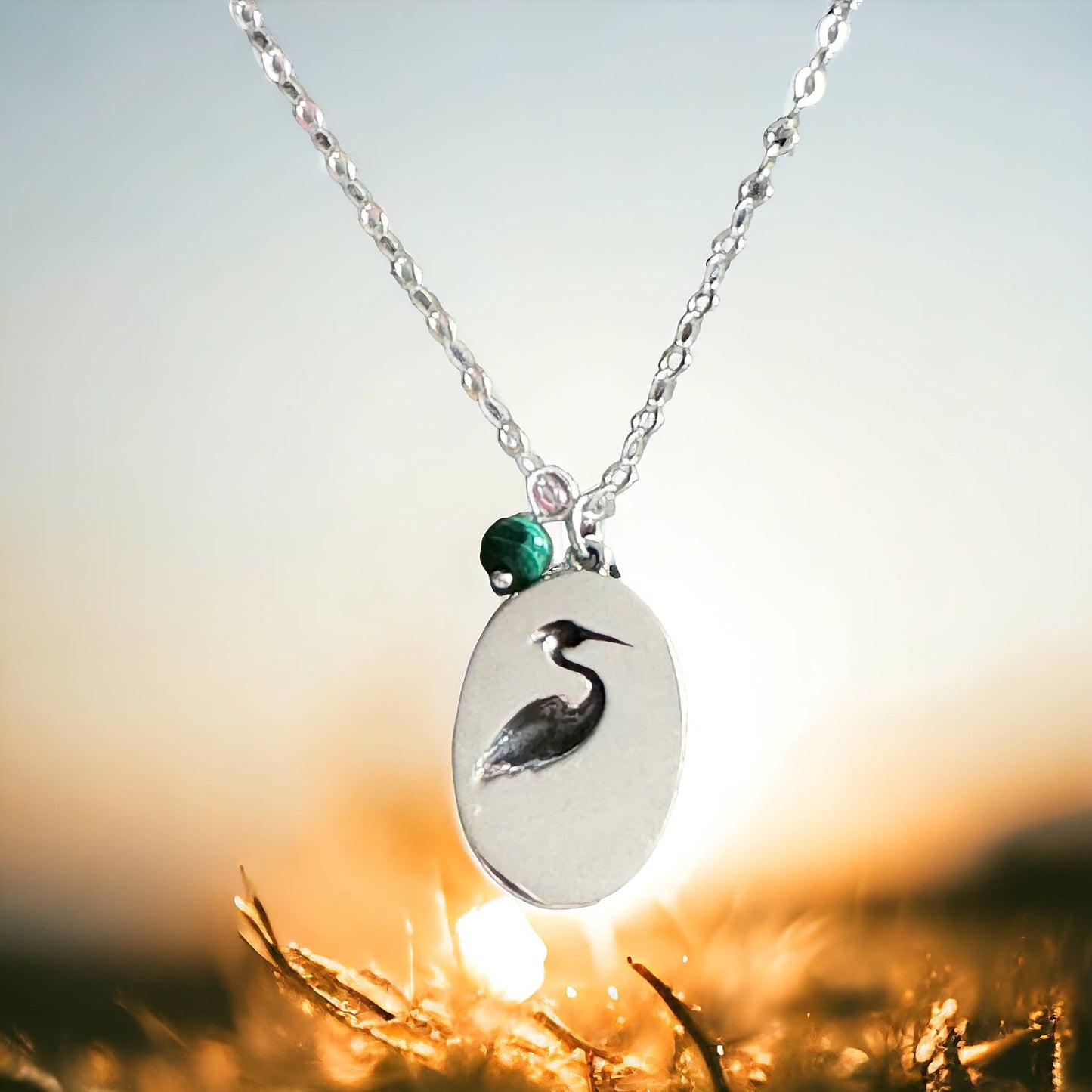Jackie Gallagher Designs - Handmade Coastal Jewelry - Blue Heron with Malachite Necklace, sterling silver