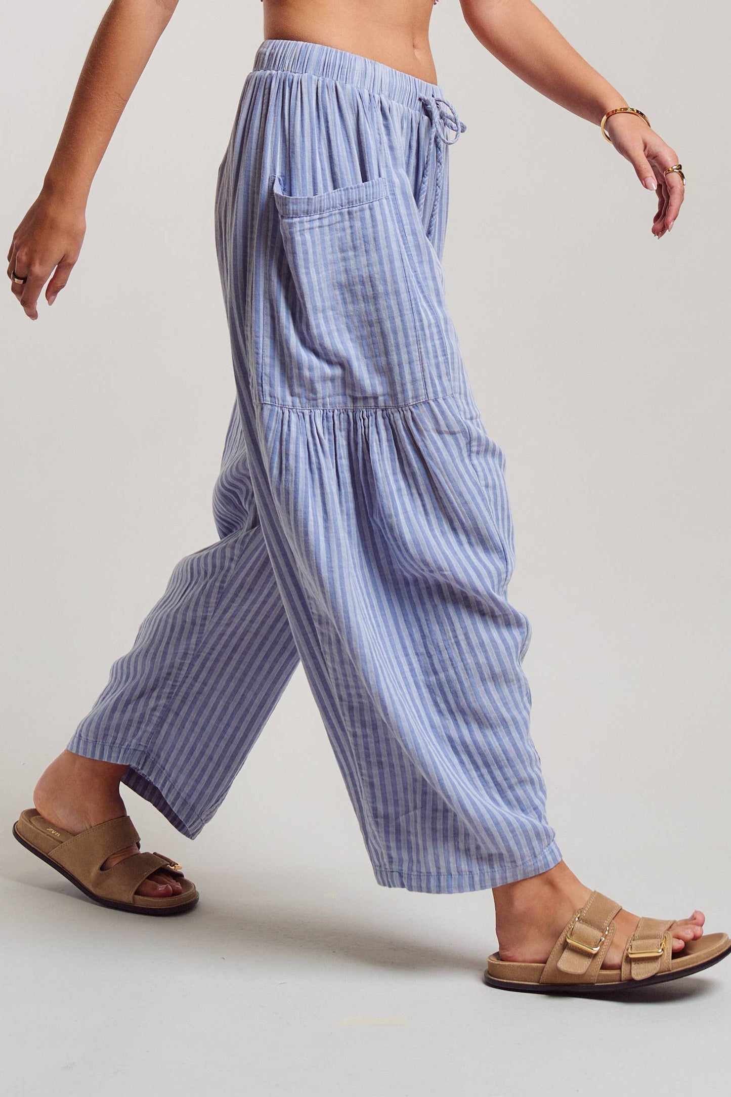 Urban Daizy - Striped Cotton Drawstring Harem Pants