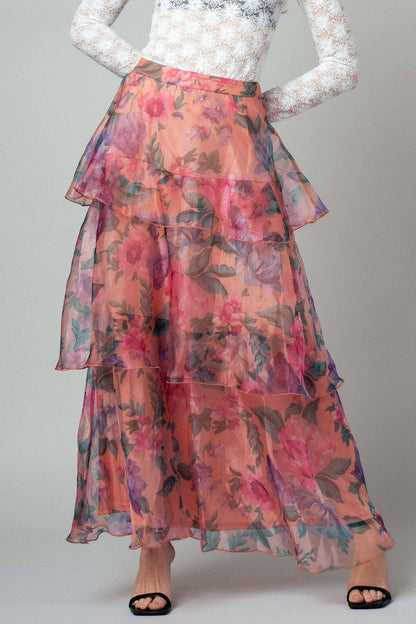 Sheer Floral Print Tiered Organza Maxi Skirt