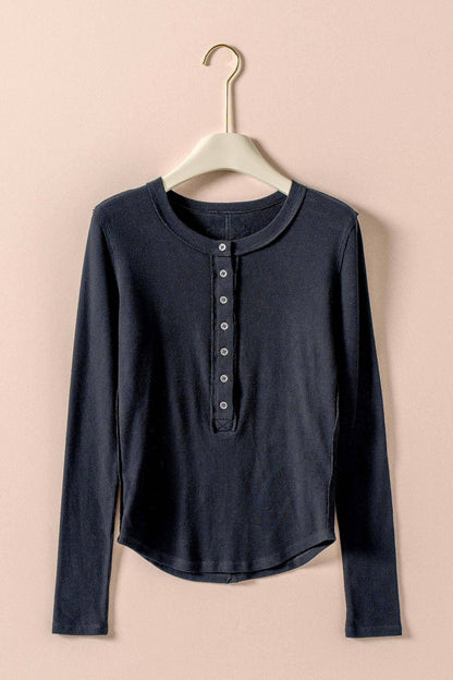 Ribbed Henley Long Sleeve Top