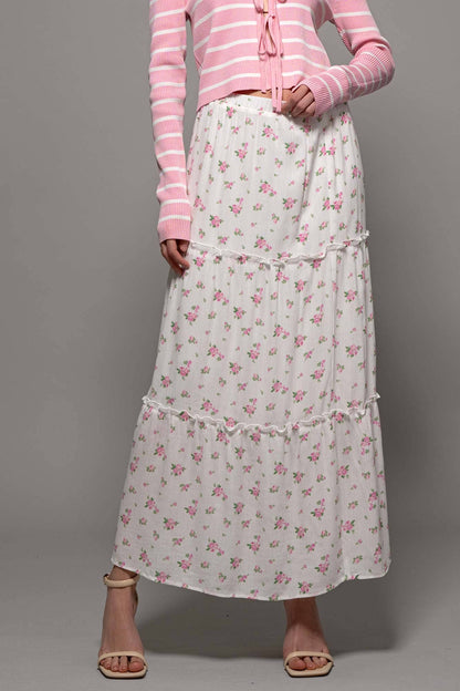 Urban Daizy - Rose Print Triple-Tier Ruffle Linen Blend Skirt: PINK / S-2/M-2/L-2