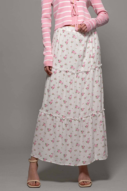 Urban Daizy - Rose Print Triple-Tier Ruffle Linen Blend Skirt: PINK / S-2/M-2/L-2