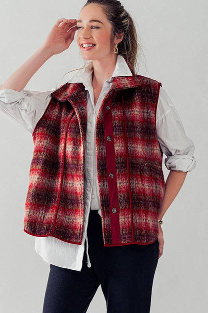 VINTAGE PLAID OVERSIZED WOOL VEST: RUST/TAUPE / S-2/M-2/L-2